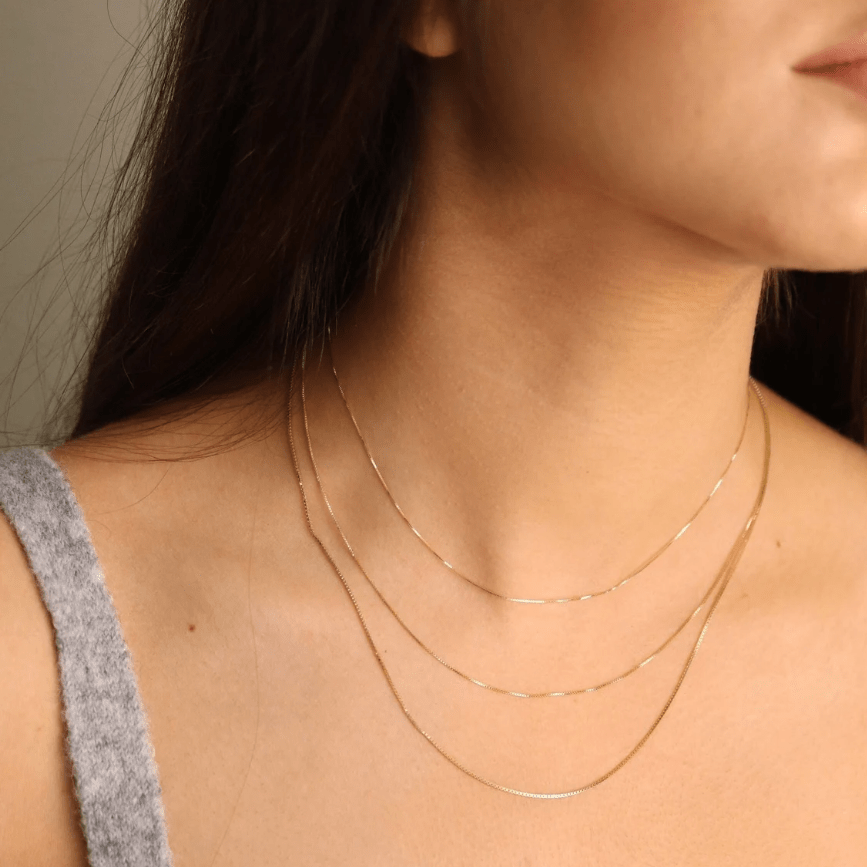14k Yellow Solid Gold Mirror Box Chain Necklace, 0.6mm - JewelryAffairs