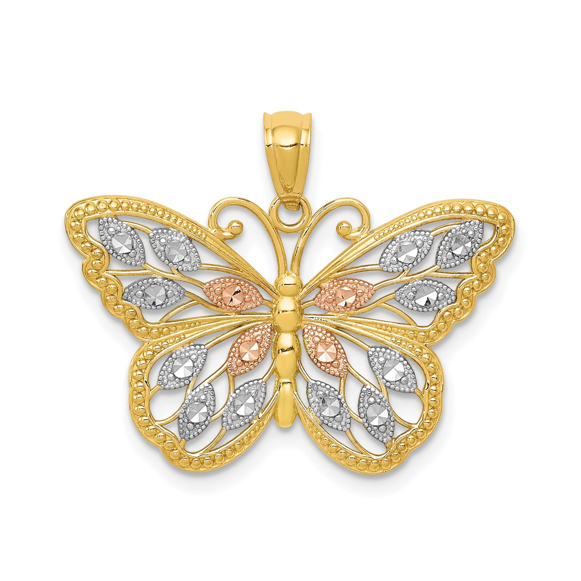 14k Yellow White and Rose Gold Diamond Cut Butterfly Pendant, 16x26mm - JewelryAffairs