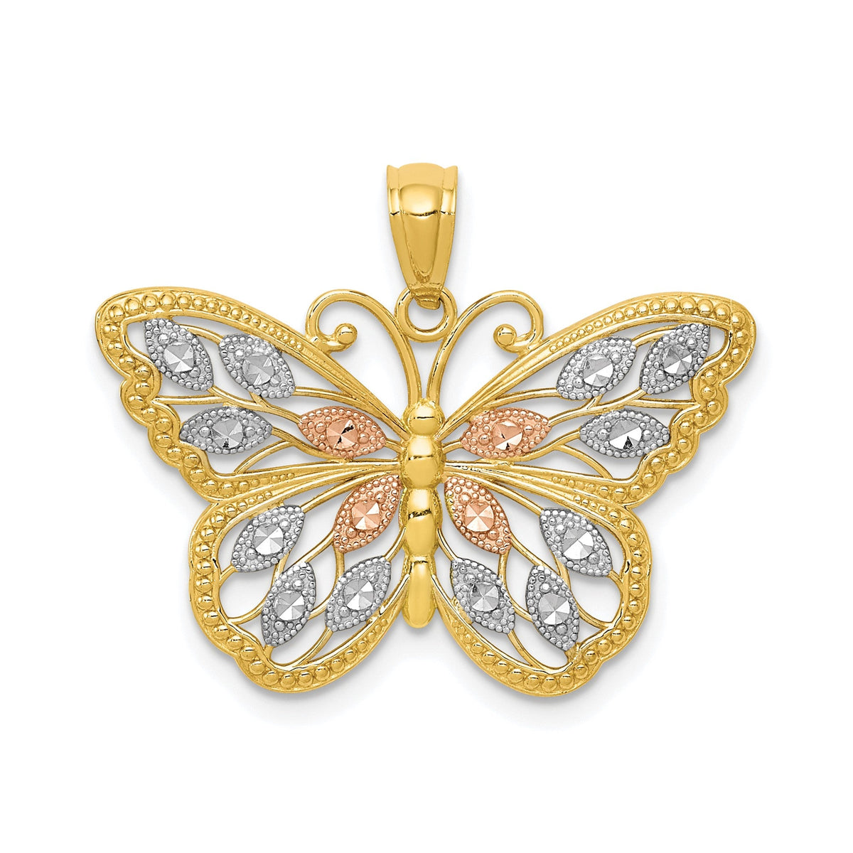 14k Yellow White and Rose Gold Diamond Cut Butterfly Pendant, 16x26mm - JewelryAffairs
