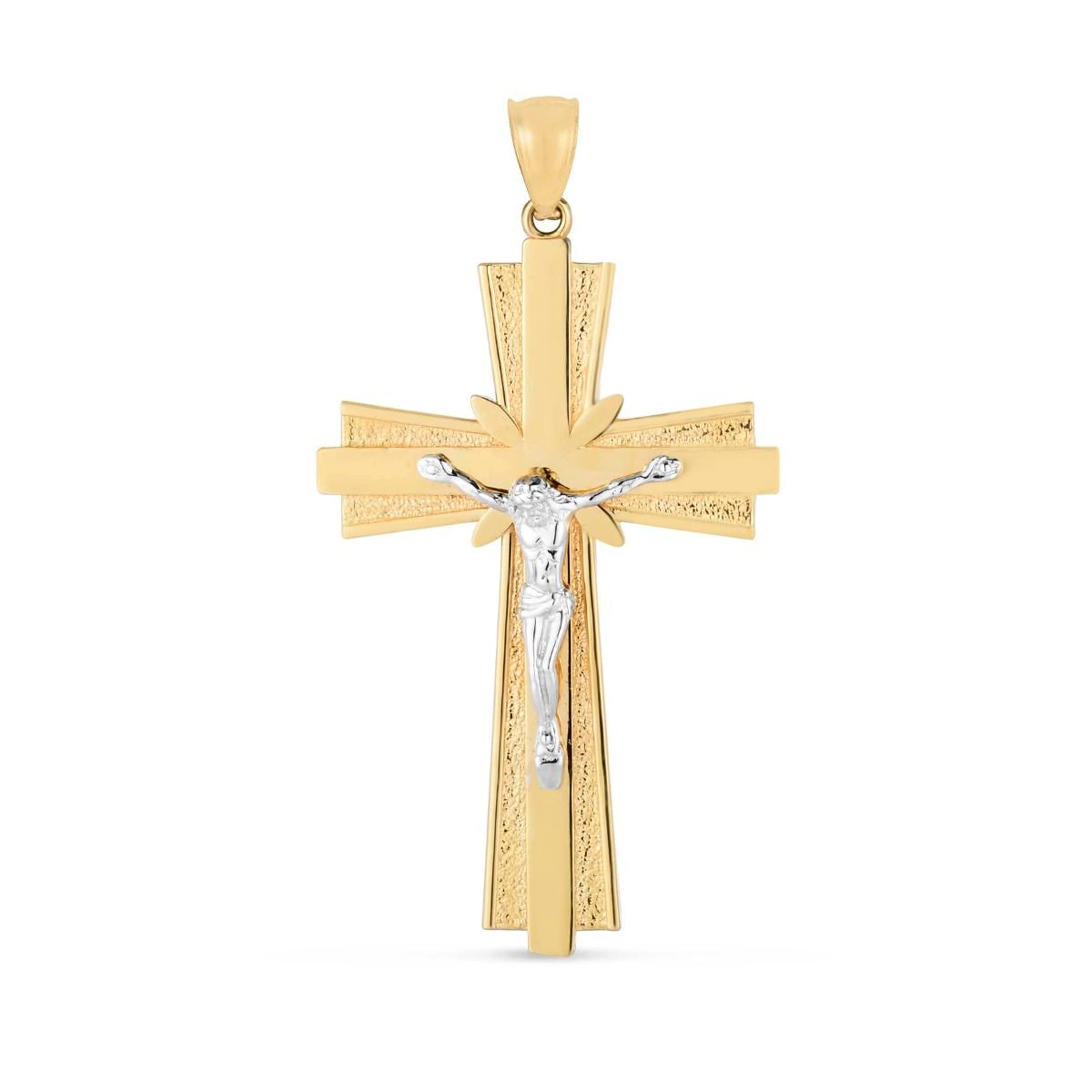 14K Yellow And White Gold Jesus Cross Charm Pendant