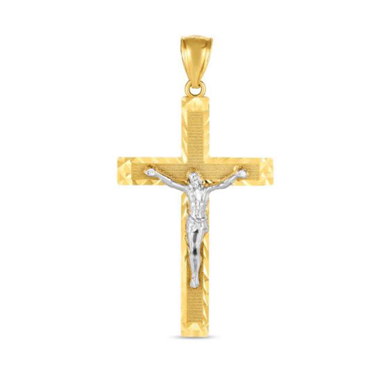 14K Yellow And White Gold Texture Jesus Cross Charm Pendant