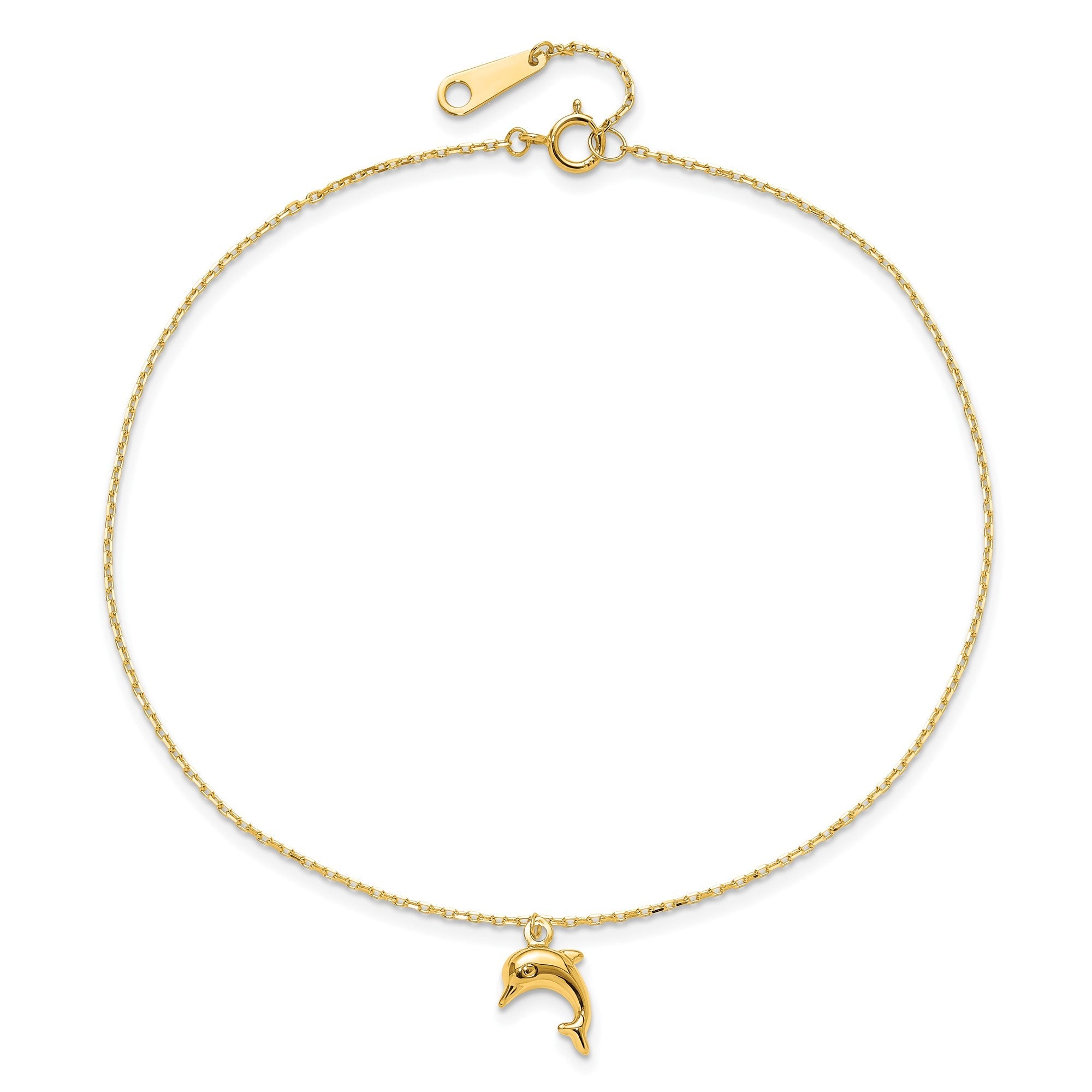 14k Yellow Gold Dolphin Charm Anklet, 9-10 Inch