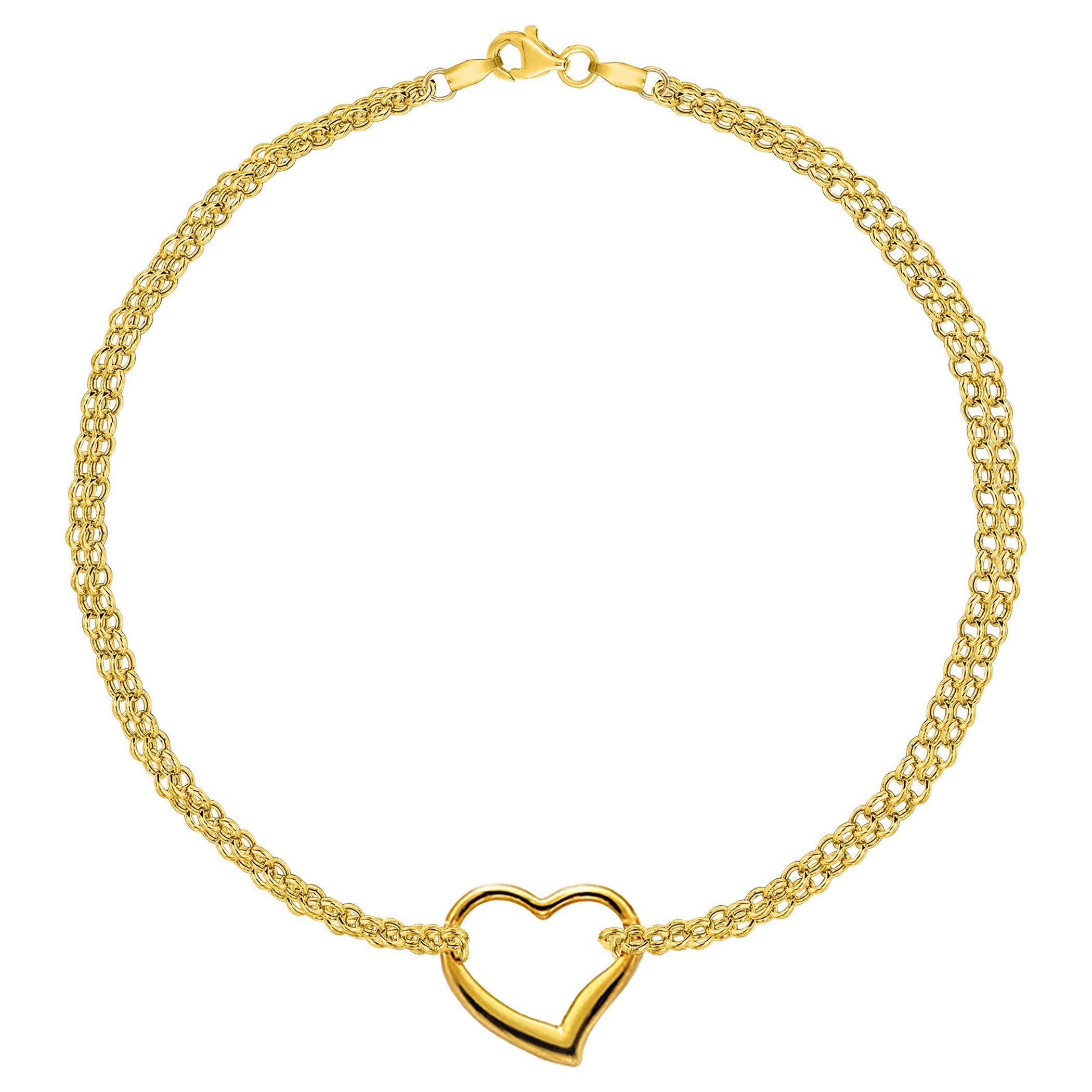 14K Yellow Gold Double Strand With Heart Anklet, 10