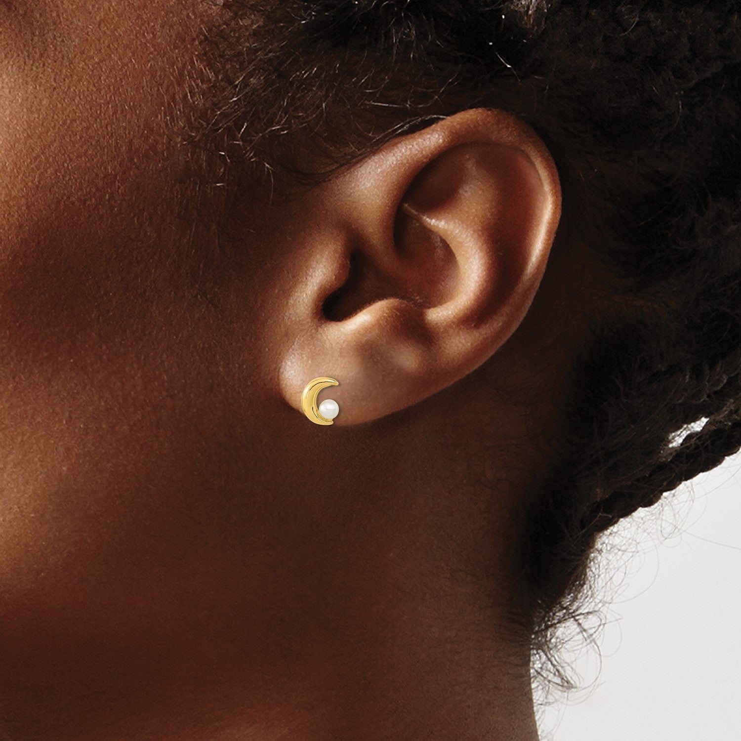 14K Yellow Gold Half Moon 2.5-3mm Freshwater Cultured Pearl Post Stud Earrings