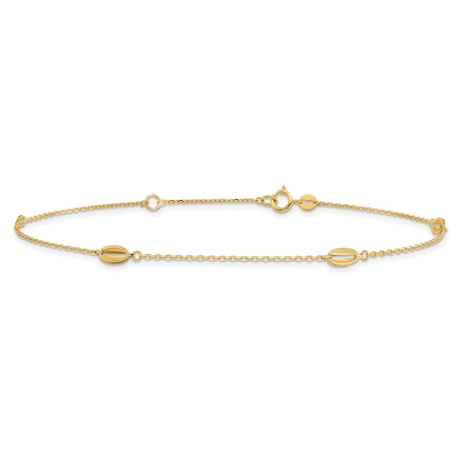 14K Yellow Gold Polished Oval Charm Anklet, 9 inch + 1 inch Extension