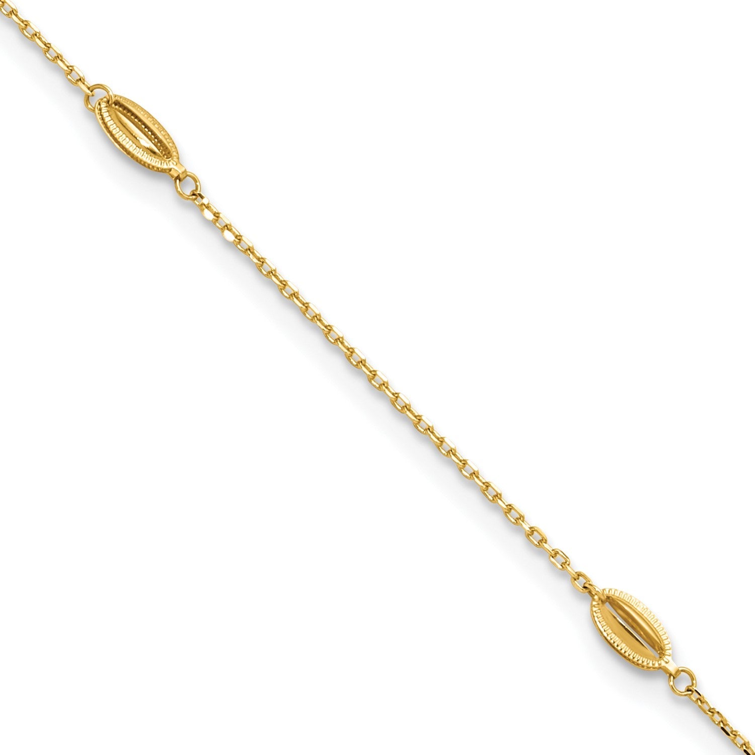 14K Yellow Gold Polished Oval Charm Anklet, 9 inch + 1 inch Extension