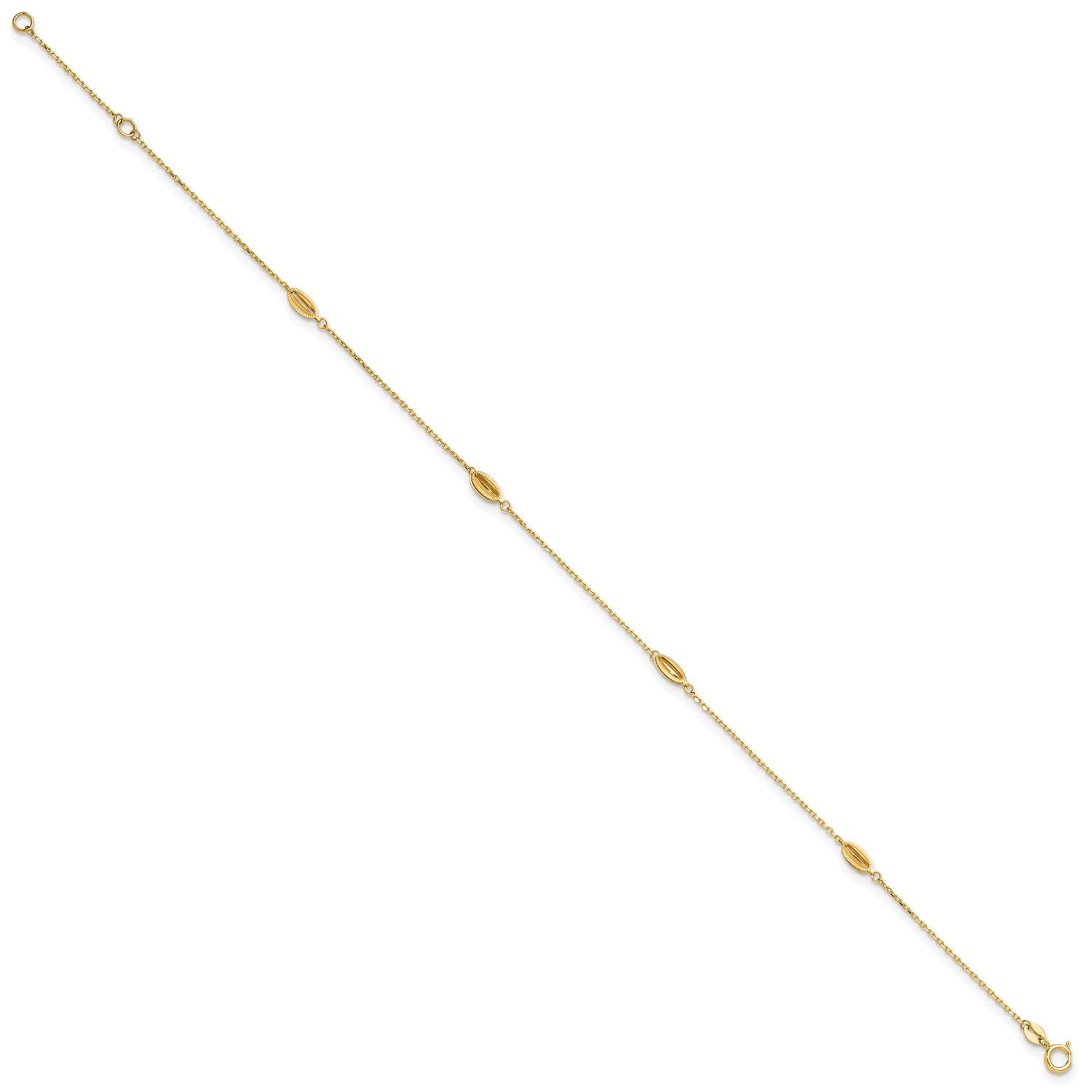 14K Yellow Gold Polished Oval Charm Anklet, 9 inch + 1 inch Extension