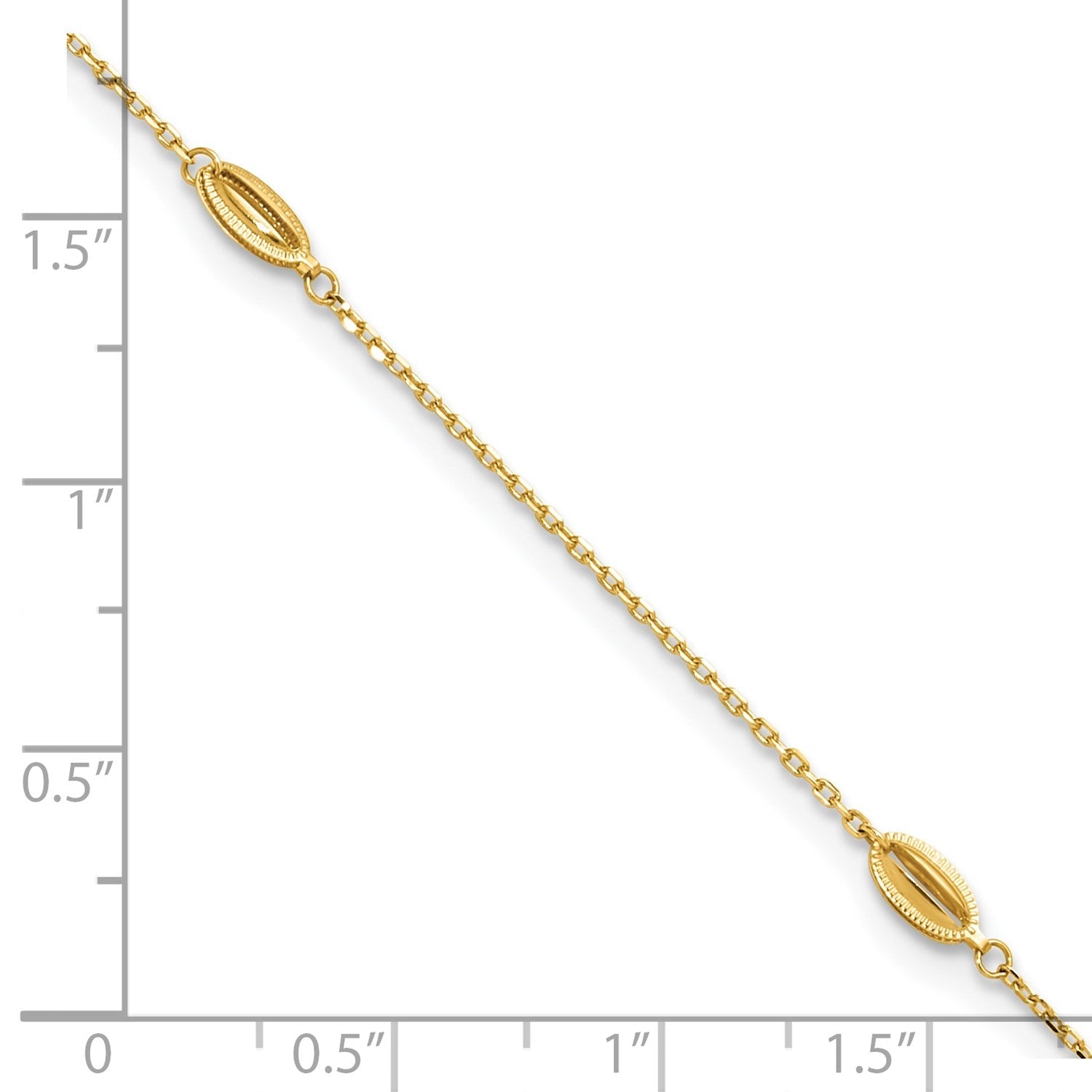 14K Yellow Gold Polished Oval Charm Anklet, 9 inch + 1 inch Extension