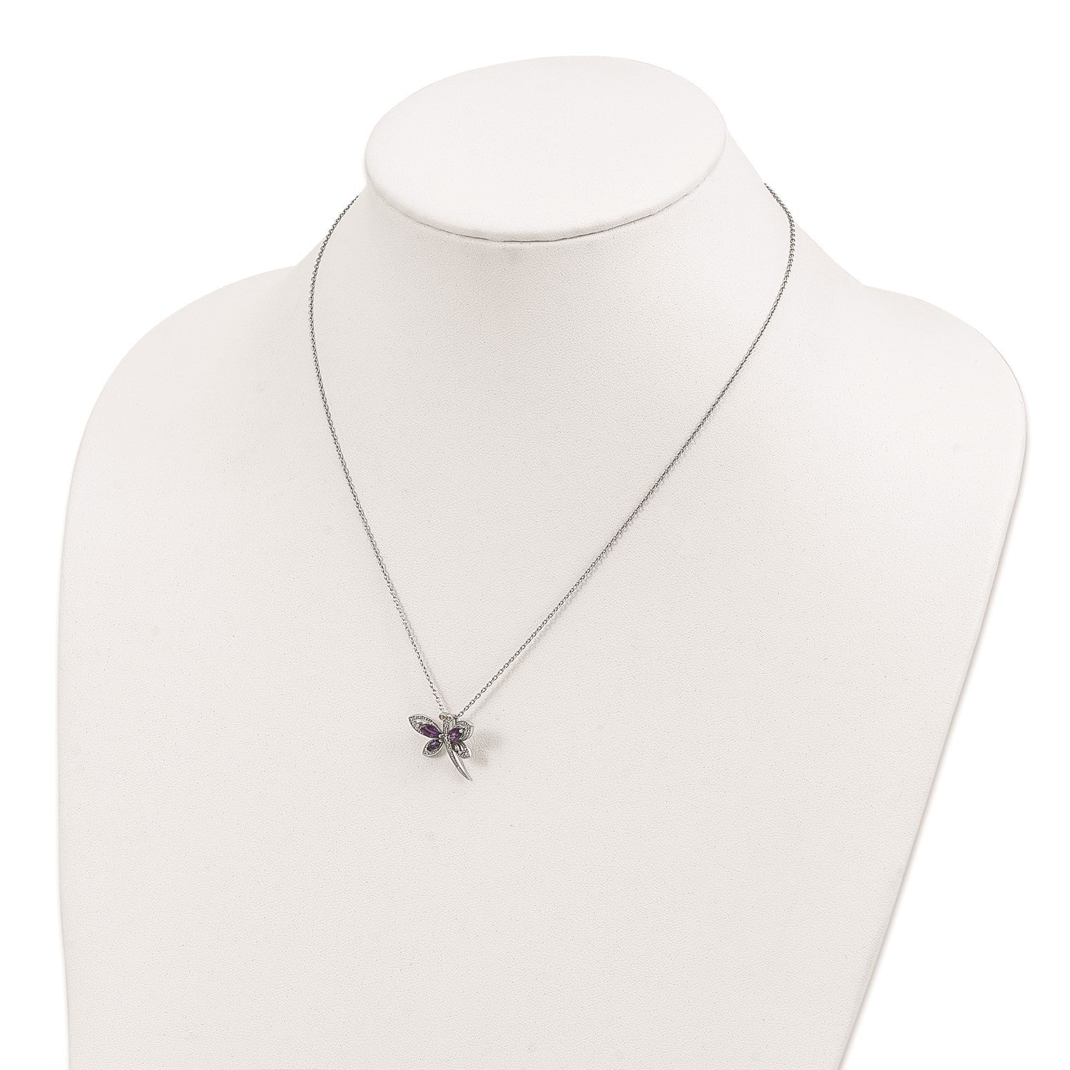 Sterling Silver and 14K Yellow Gold Amethyst and Diamond Dragonfly Necklace, 18 to 20 Adjustable
