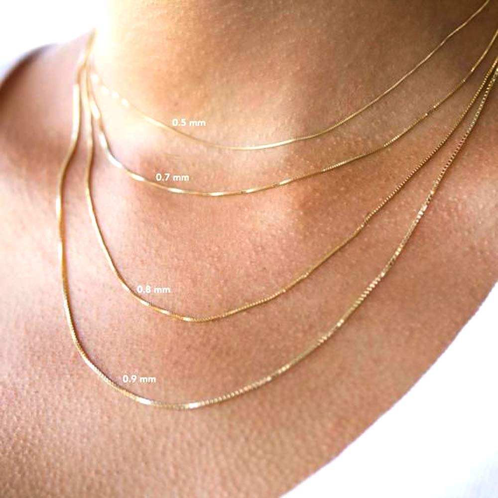 10k Real Solid Gold Mirror Box Chain Necklace, 0.6mm (24 Inches, Yellow Gold)
