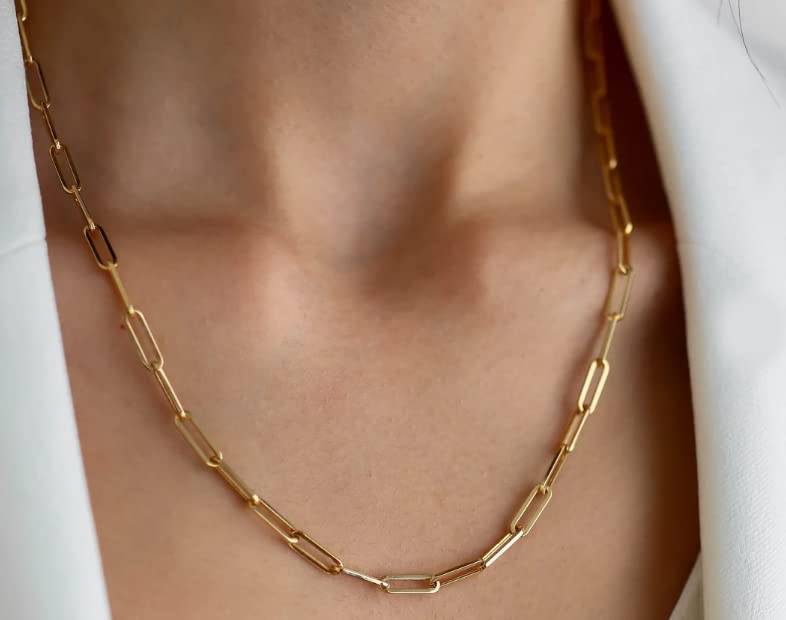 14k Yellow Real Gold Paperclip Chain Necklace, 3mm
