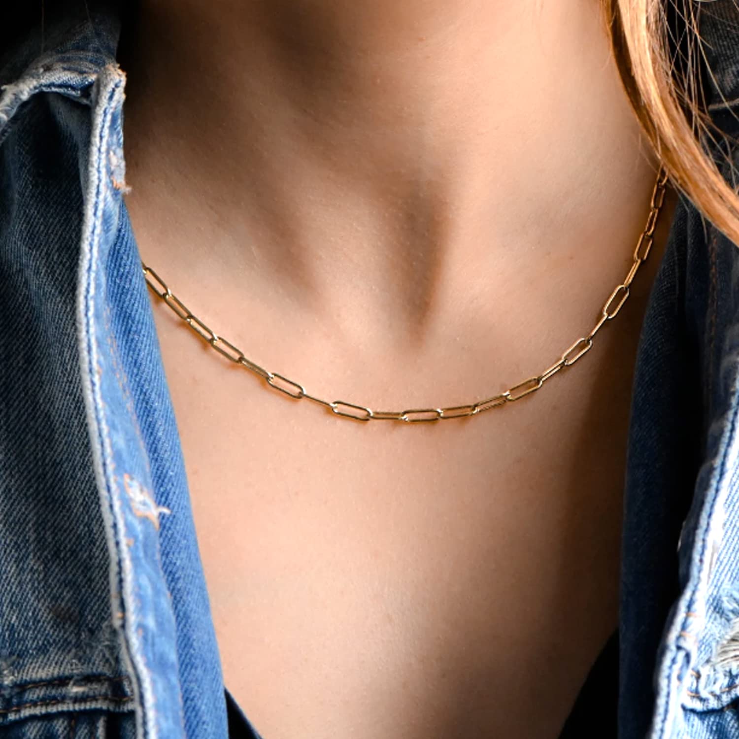 14k Yellow Real Gold Paperclip Chain Necklace, 3mm