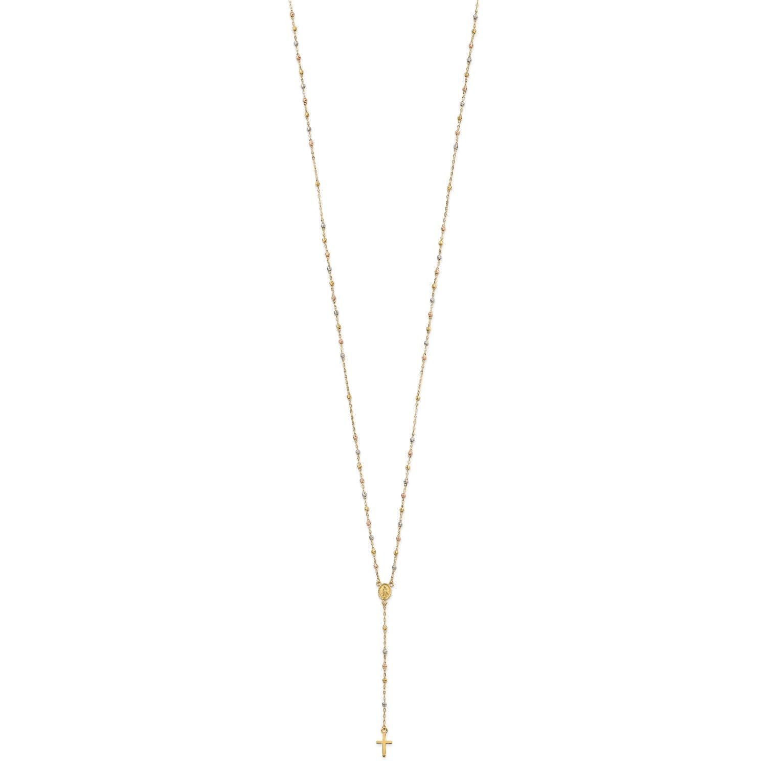 14k Tri-color Gold Beaded Rosary Cross Necklace, 17 to 20 Adjustable