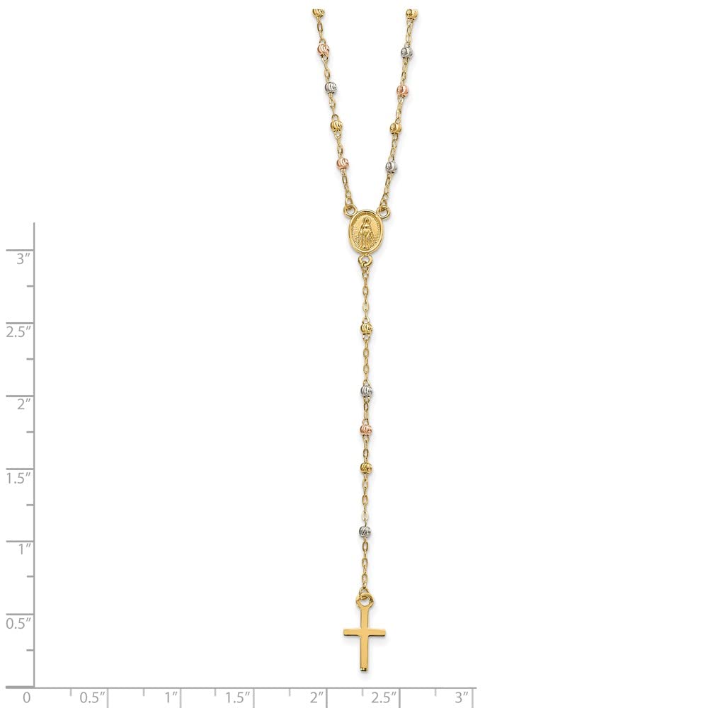 14k Tri-color Gold Beaded Rosary Cross Necklace, 17 to 20 Adjustable