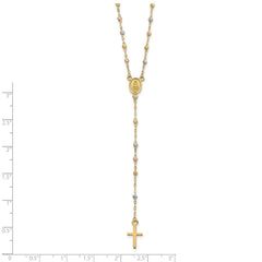 14k Tri-color Gold Beaded Rosary Cross Necklace, 17 to 20 Adjustable