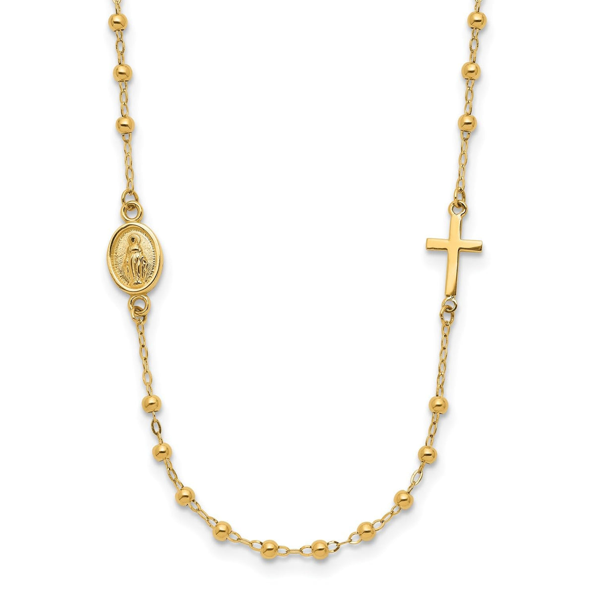 14K Yellow Gold Miraculous Medal and Cross Rosary Necklace, 16.5 Inches