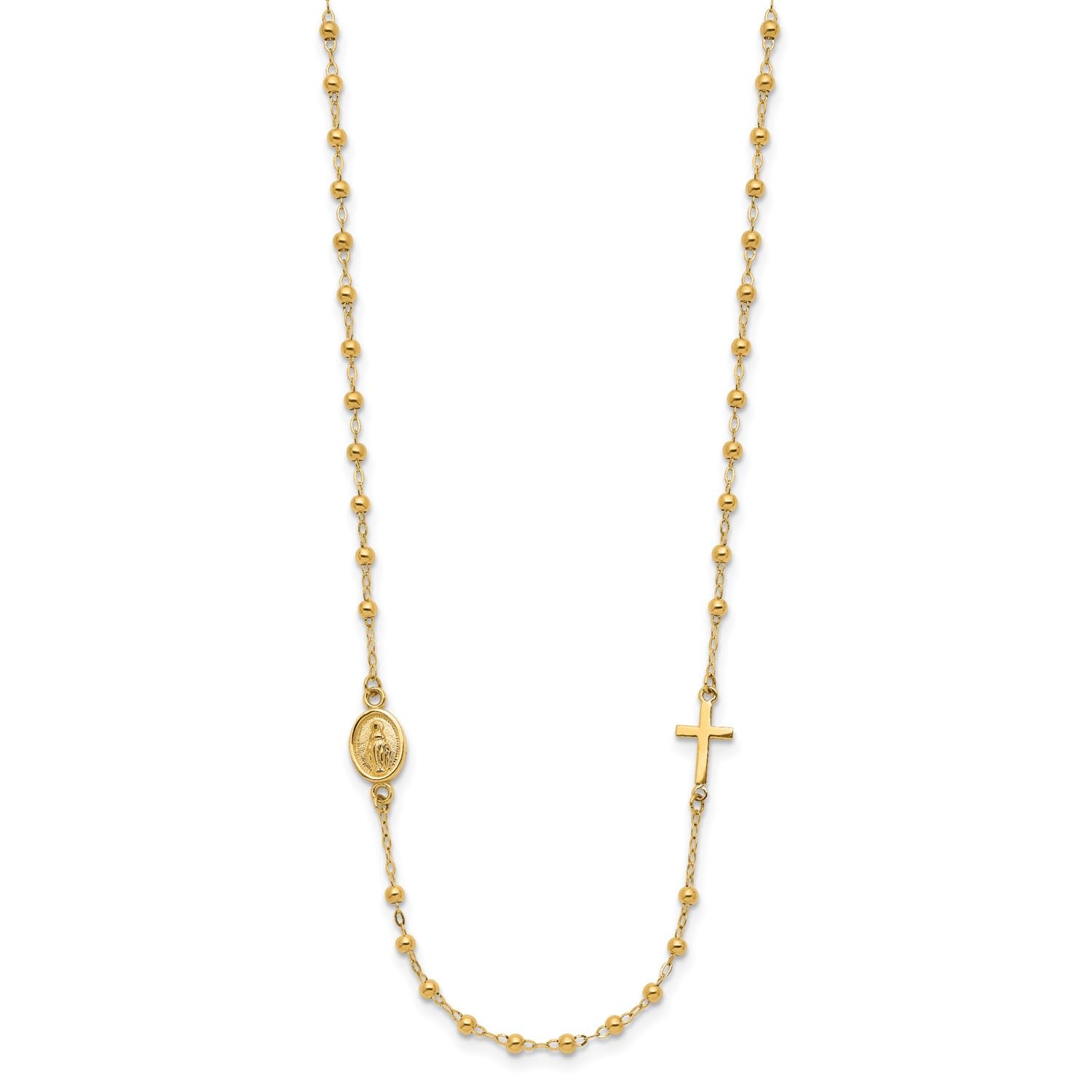 14K Yellow Gold Miraculous Medal and Cross Rosary Necklace, 16.5 Inches