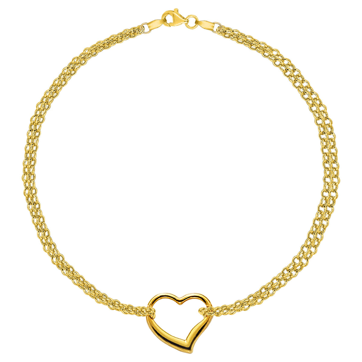 14K Yellow Gold Double Strand With Heart Anklet, 10
