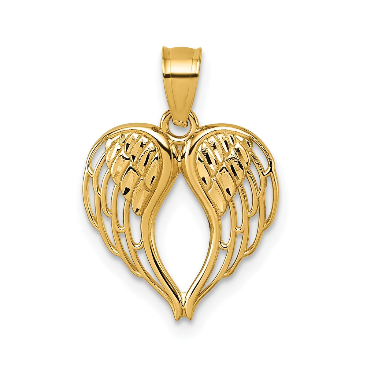 14k Yellow Gold Angel Wings Heart Pendant, 19x13mm
