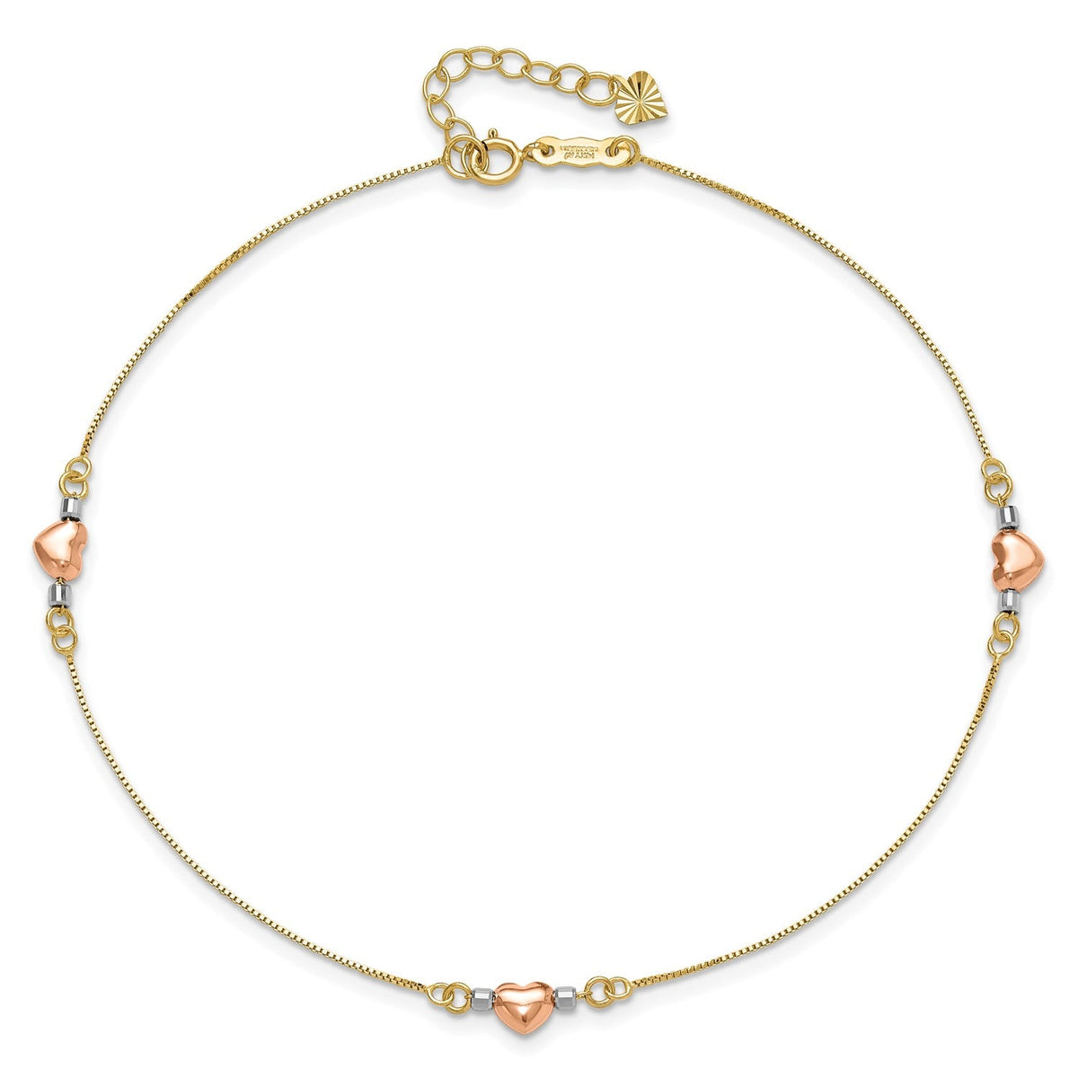 14k Tri-Color Gold Puffed Heart Charms Anklet, Adjustable 9 to 10