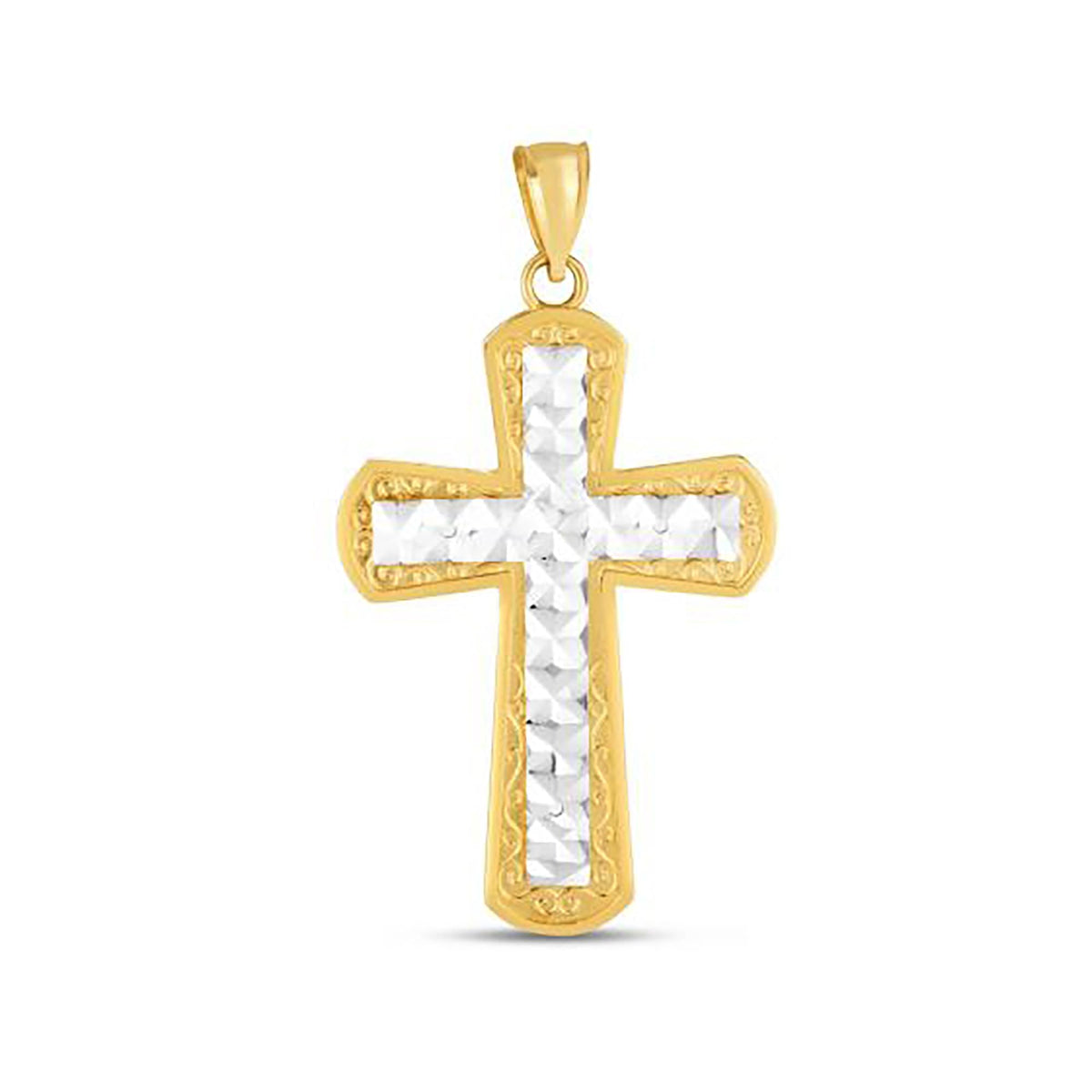 14K Yellow And White Gold Texture Cross Charm Pendant