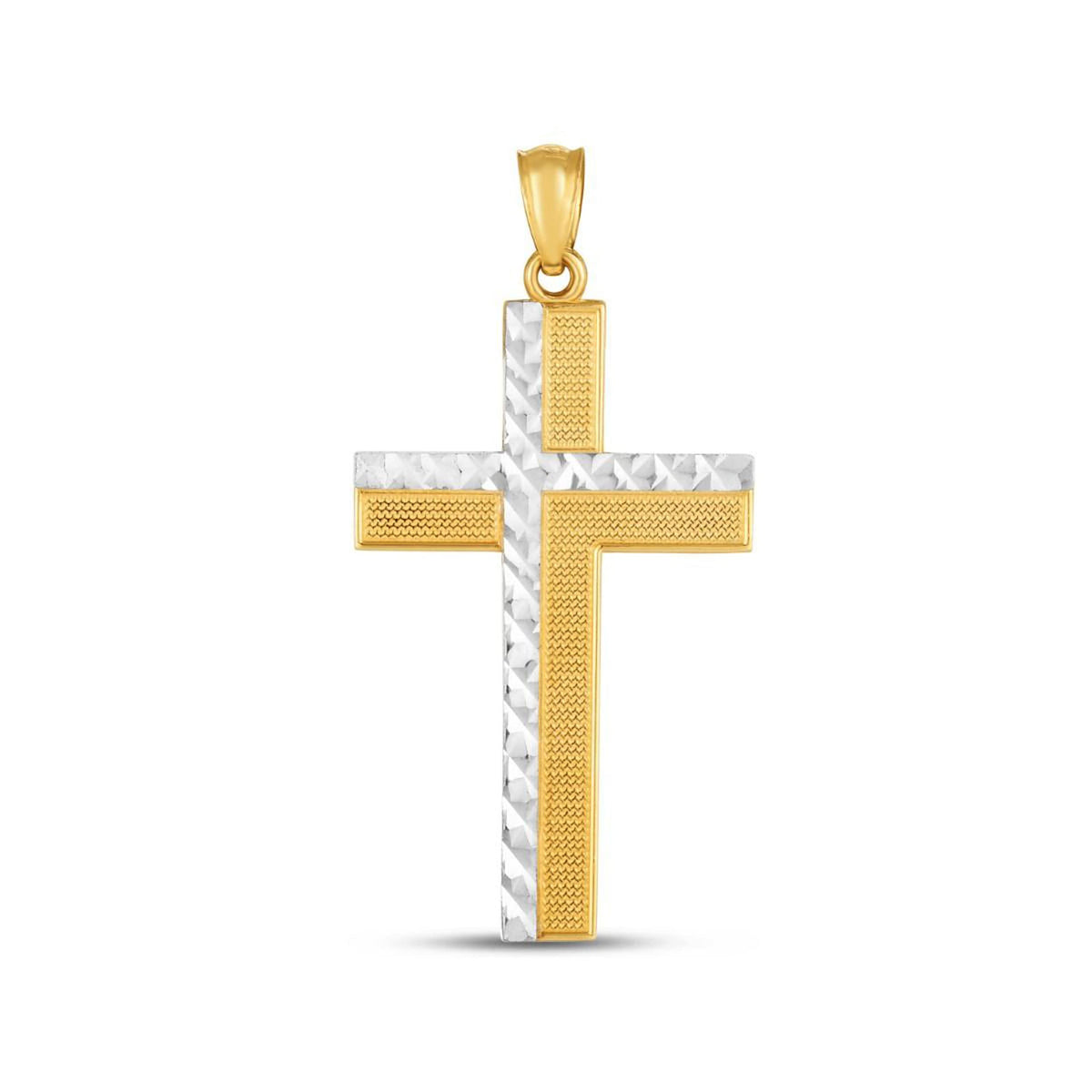 14K Yellow And White Gold Texture Cross Charm Pendant