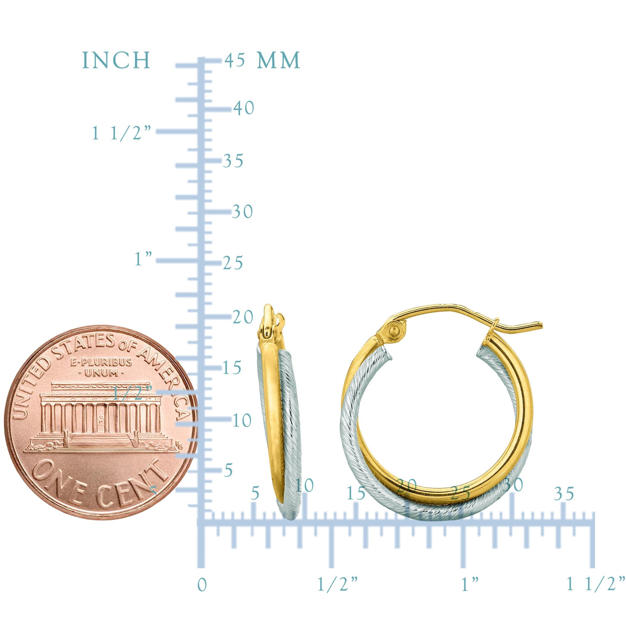 14K Yellow And White Gold Double Row Hoop Earrings, Diameter 20mm
