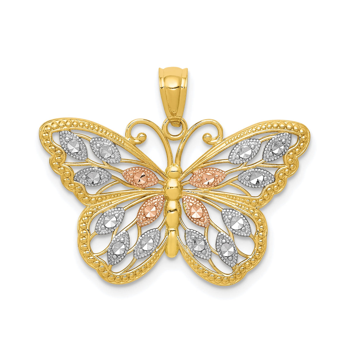 14k Yellow White and Rose Gold Diamond Cut Butterfly Pendant, 16x26mm