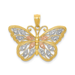 14k Yellow White and Rose Gold Diamond Cut Butterfly Pendant, 16x26mm