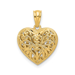 14K Gold Two-Tone Diamond Cut Heart Pendant, Reversible Filigree Design, 18x14mm