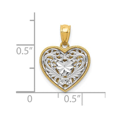 14K Gold Two-Tone Diamond Cut Heart Pendant, Reversible Filigree Design, 18x14mm