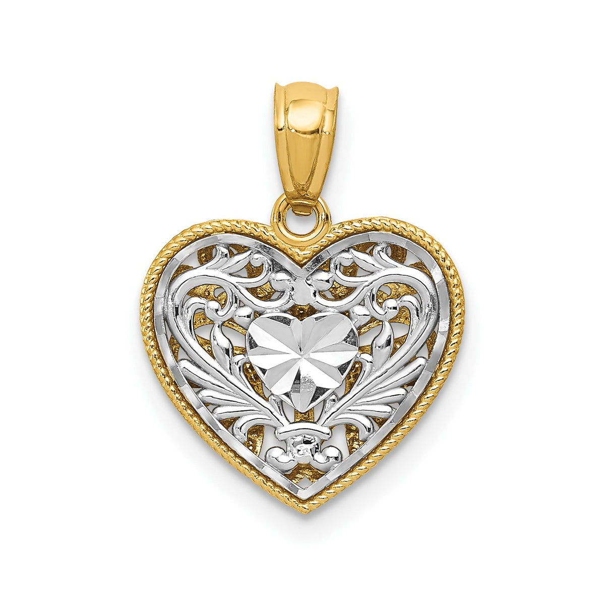 14K Gold Two-Tone Diamond Cut Heart Pendant, Reversible Filigree Design, 18x14mm
