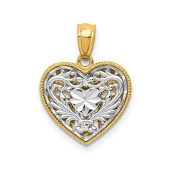 14K Gold Two-Tone Diamond Cut Heart Pendant, Reversible Filigree Design, 18x14mm