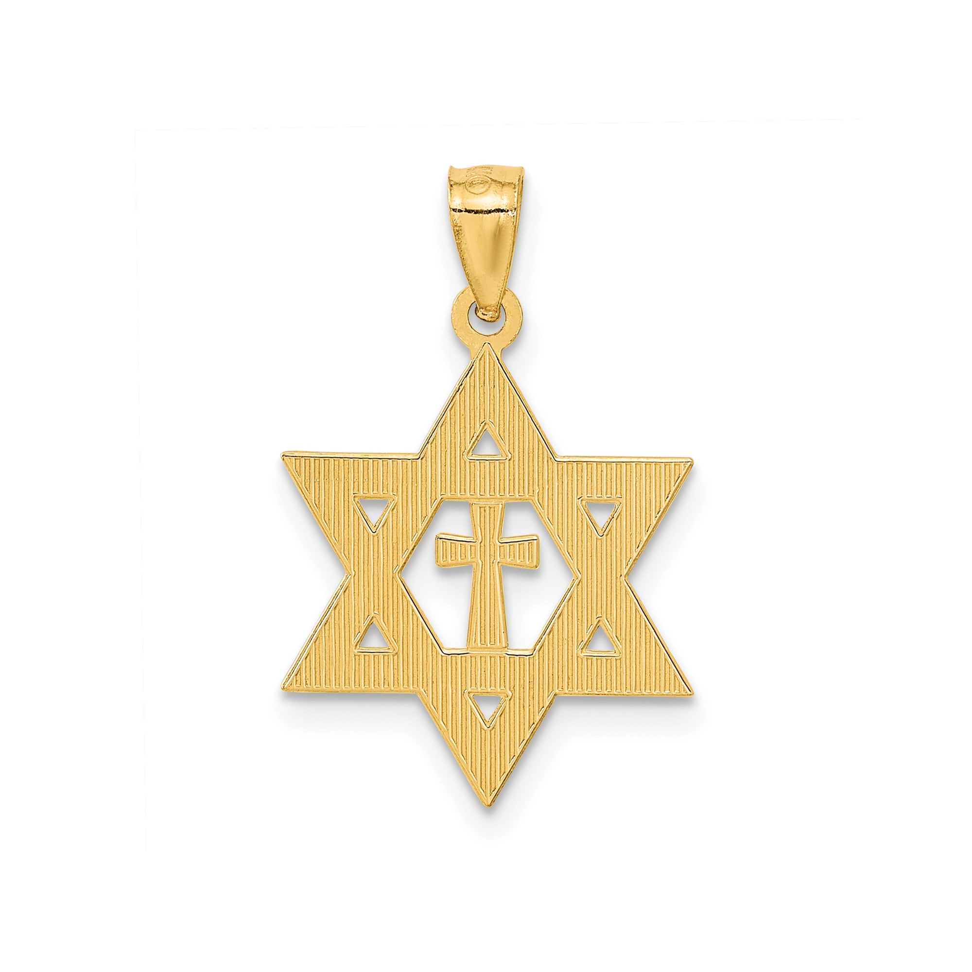 14K Yellow Gold Star of David with Cross Pendant, Diamond-Cut Design, 26mm x 16mm