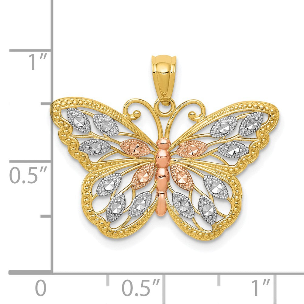 14k Yellow White and Rose Gold Diamond Cut Butterfly Pendant, 16x26mm