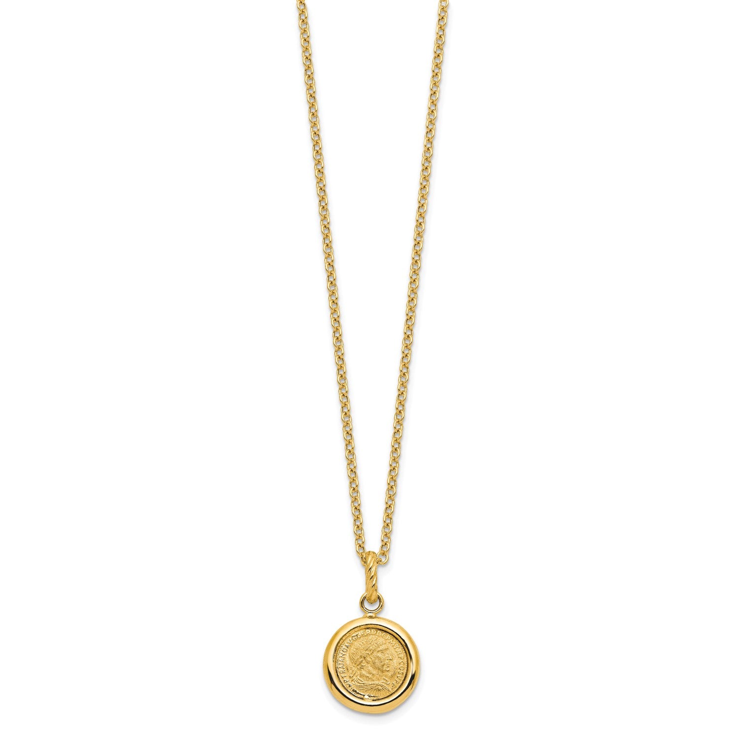 14k Yellow Gold High Polished and Matte Roman Coin Necklace, 18"