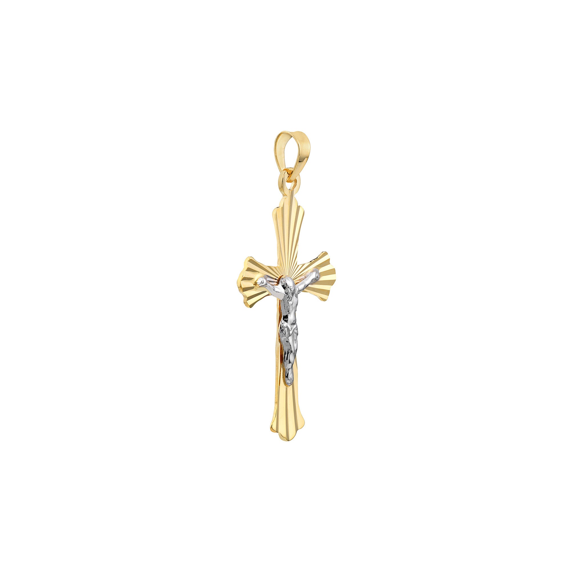 14k Two-Tone Gold Fluted Crucifix Christian Pendant, 1 Inch Length