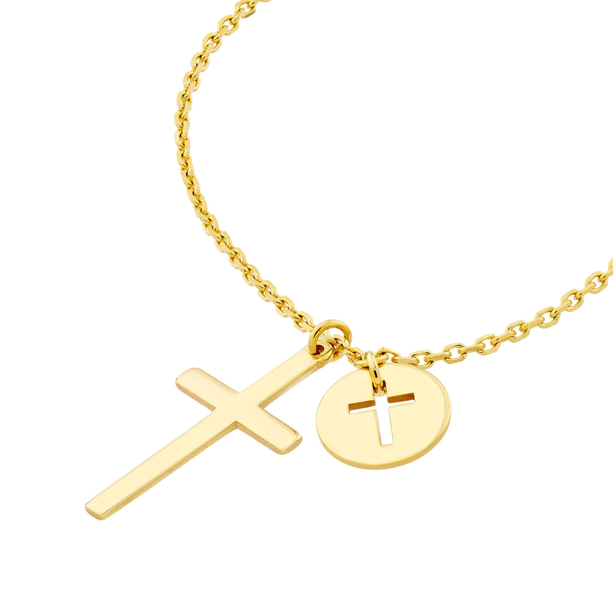 14k Yellow Gold Cross Necklace with Disc Charm, Adjustable Chain 16-18 Inches
