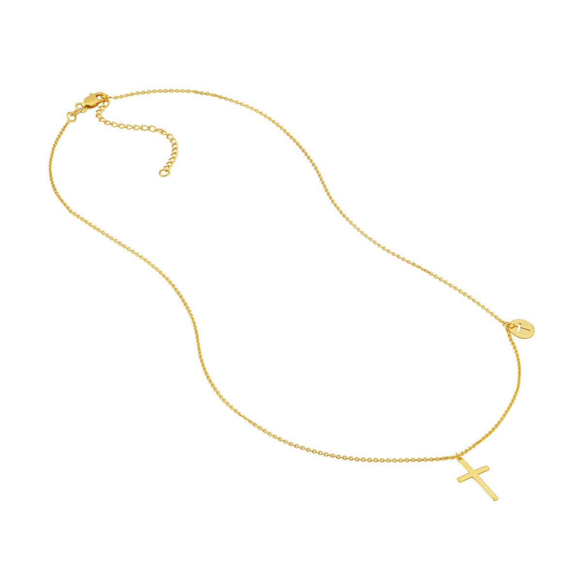 14k Yellow Gold Cross Necklace with Disc Charm, Adjustable Chain 16-18 Inches