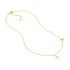 14k Yellow Gold Cross Necklace with Disc Charm, Adjustable Chain 16-18 Inches