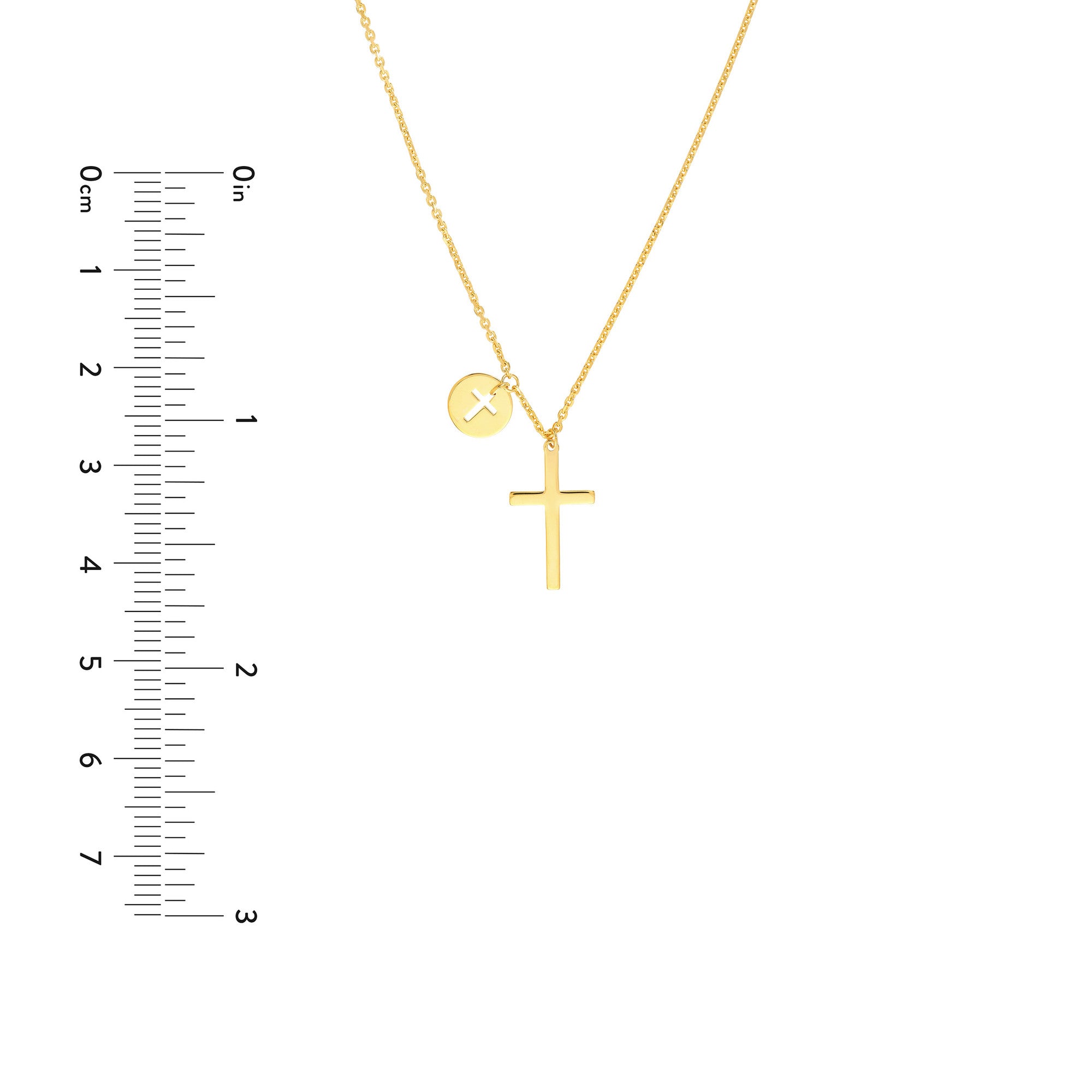 14k Yellow Gold Cross Necklace with Disc Charm, Adjustable Chain 16-18 Inches