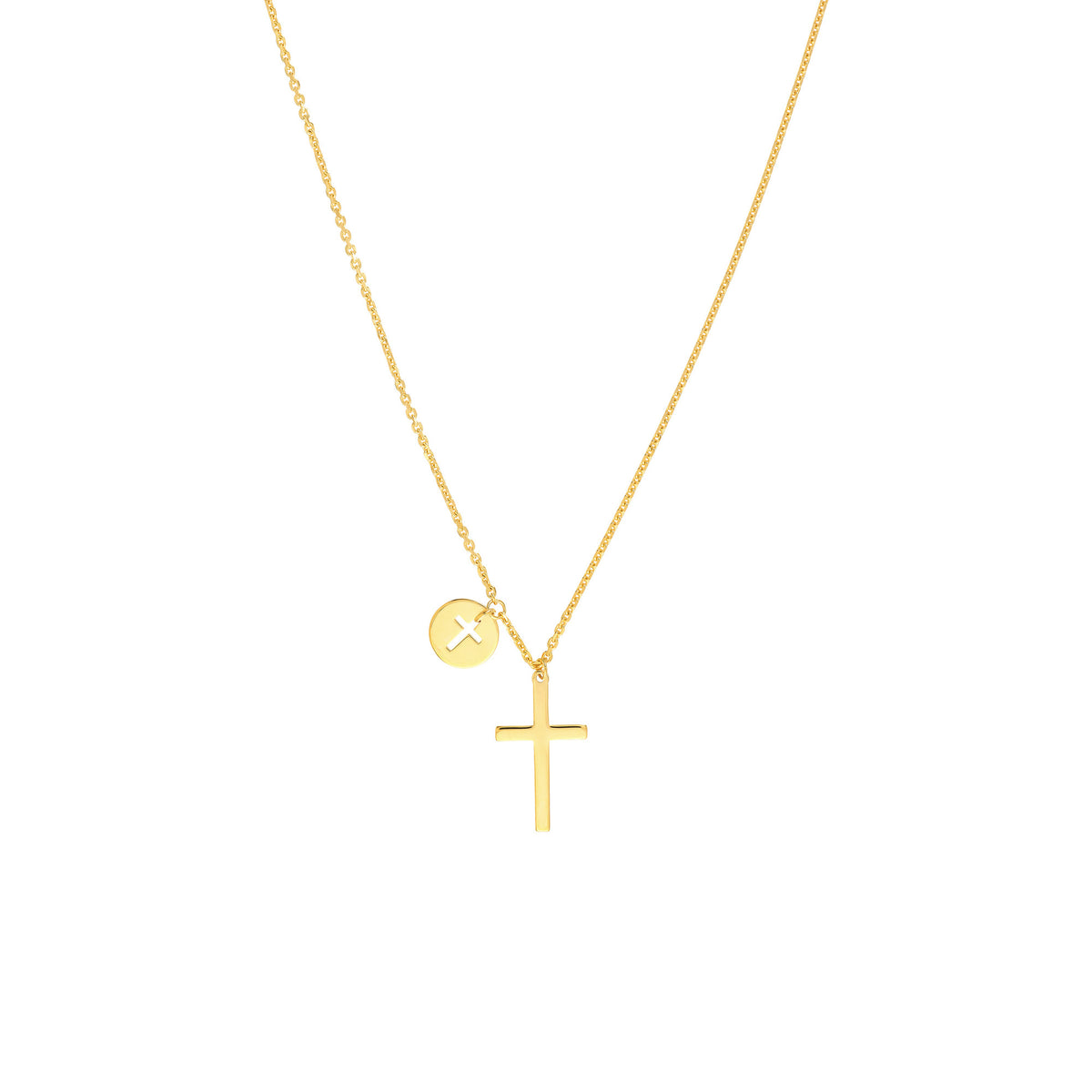 14k Yellow Gold Cross Necklace with Disc Charm, Adjustable Chain 16-18 Inches