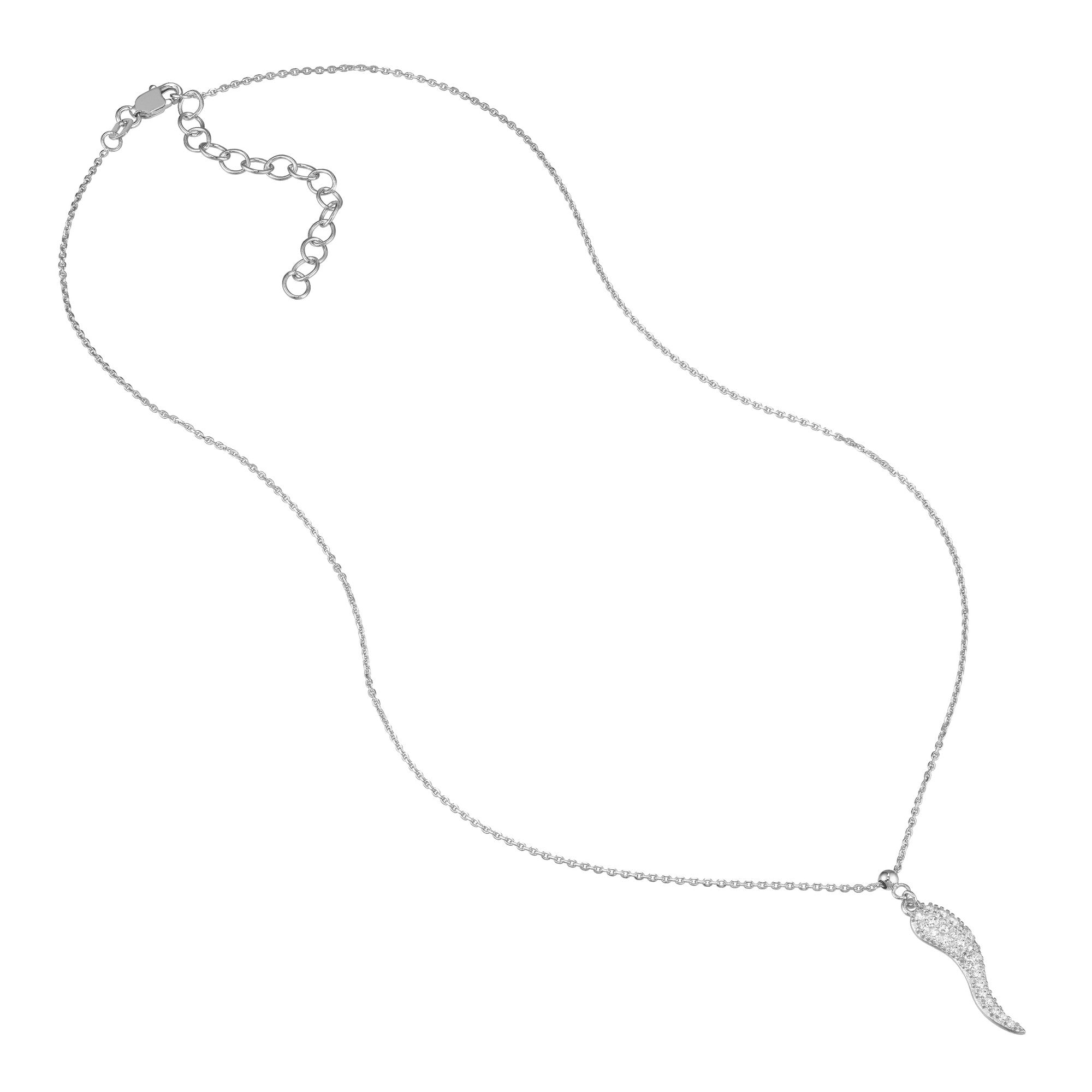 Sterling Silver Italian Horn Pendant Necklace with CZ Stones, 18 Inches, Adjustable