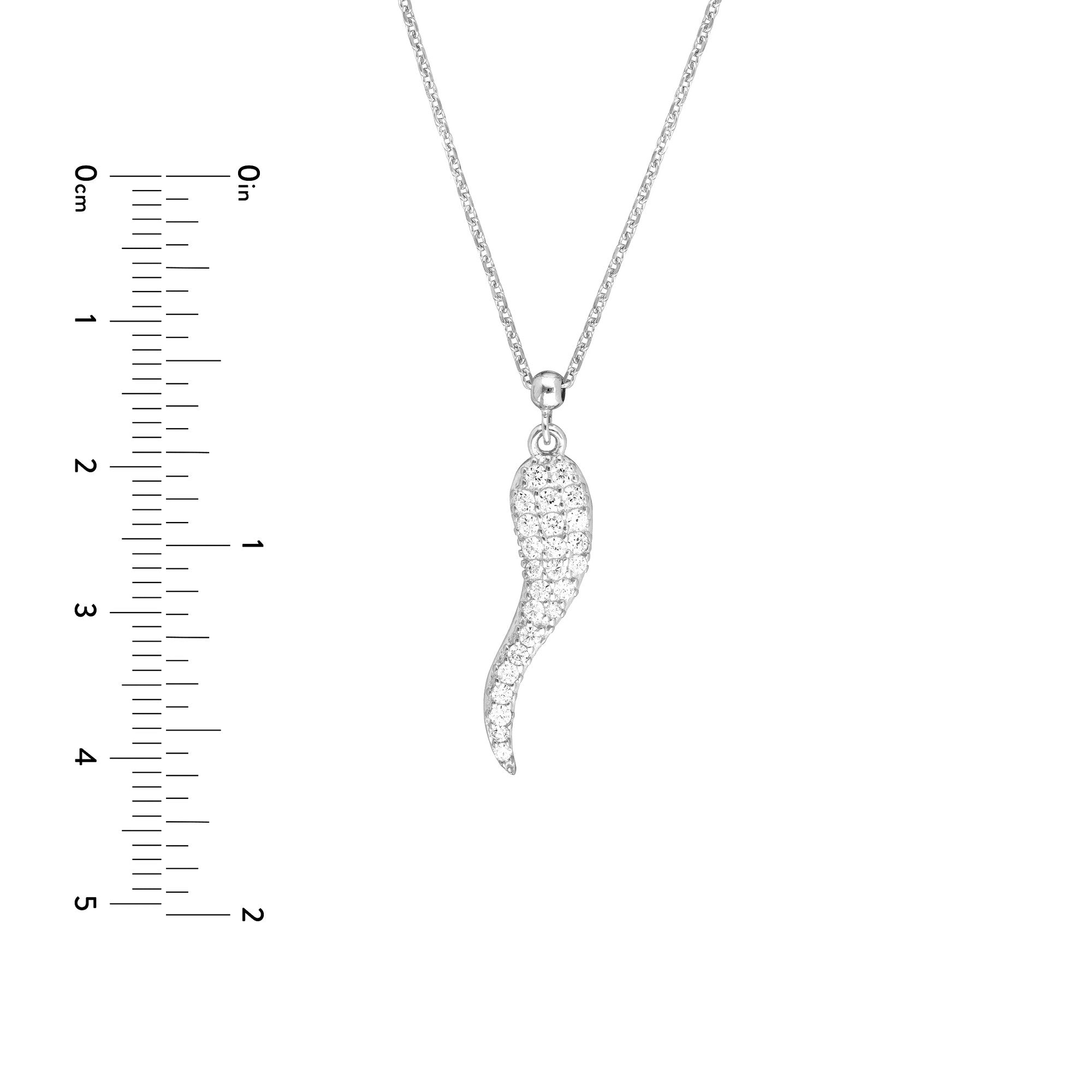 Sterling Silver Italian Horn Pendant Necklace with CZ Stones, 18 Inches, Adjustable