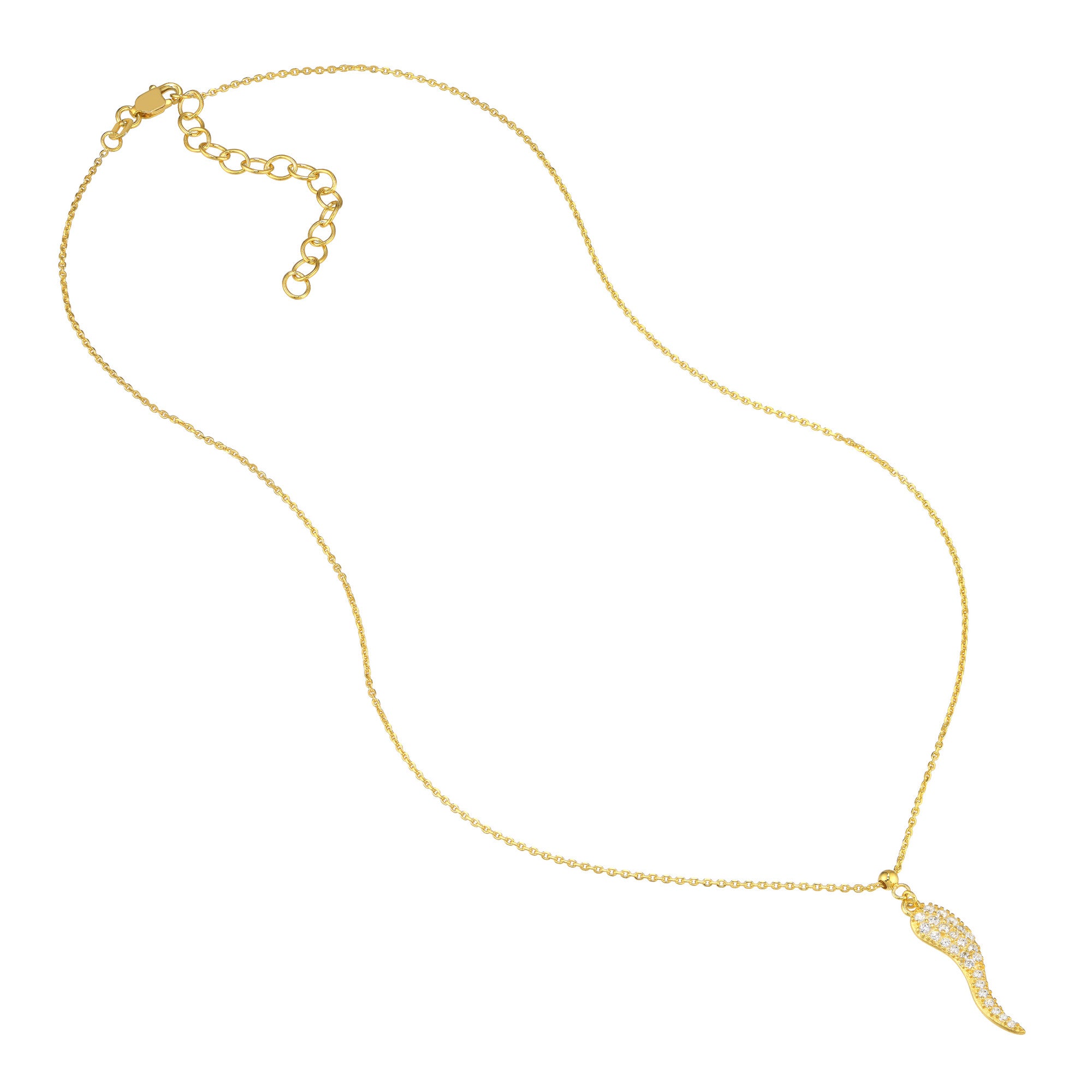 Sterling Silver Italian Horn Pendant Necklace with CZ Stones, 18 Inches, Adjustable