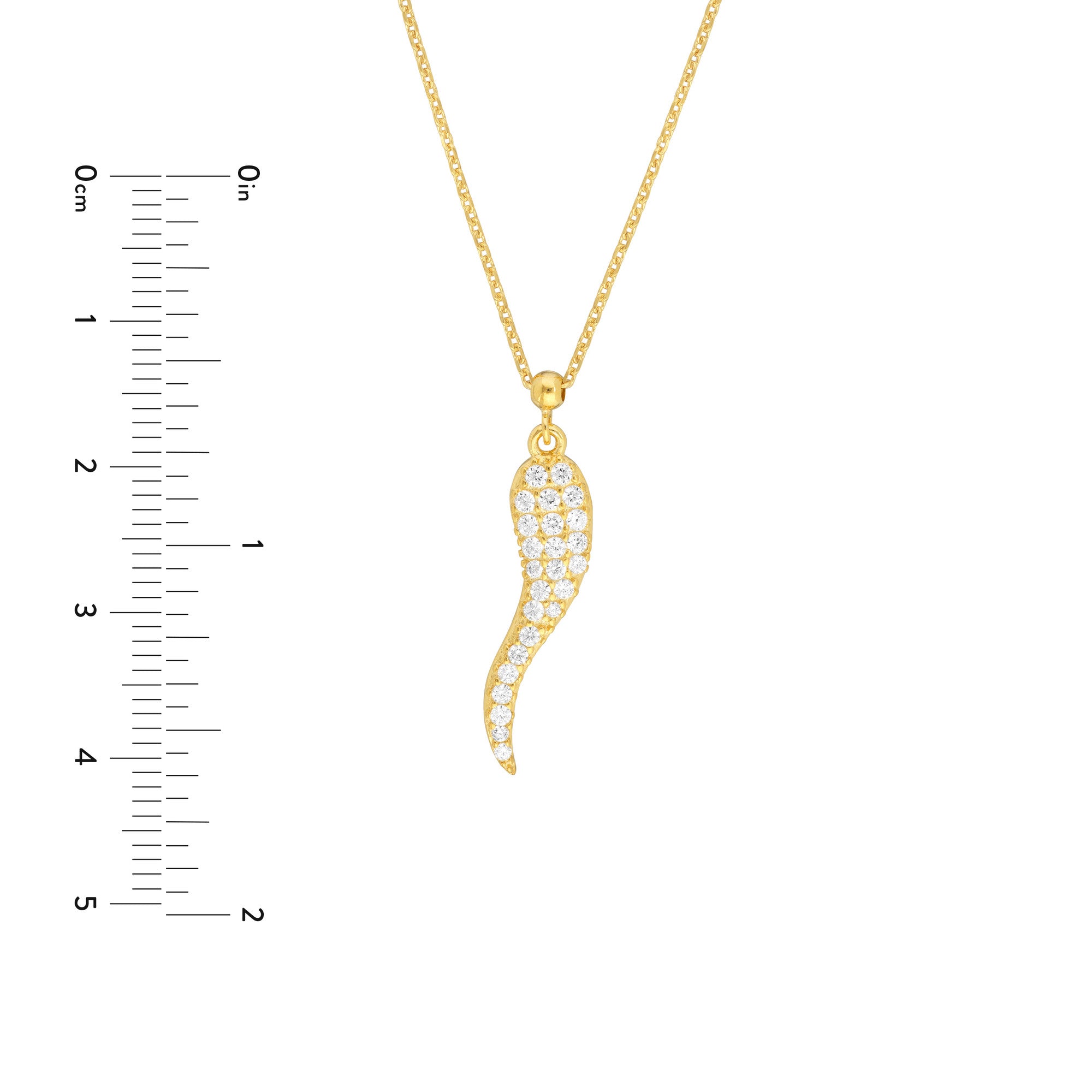 Sterling Silver Italian Horn Pendant Necklace with CZ Stones, 18 Inches, Adjustable