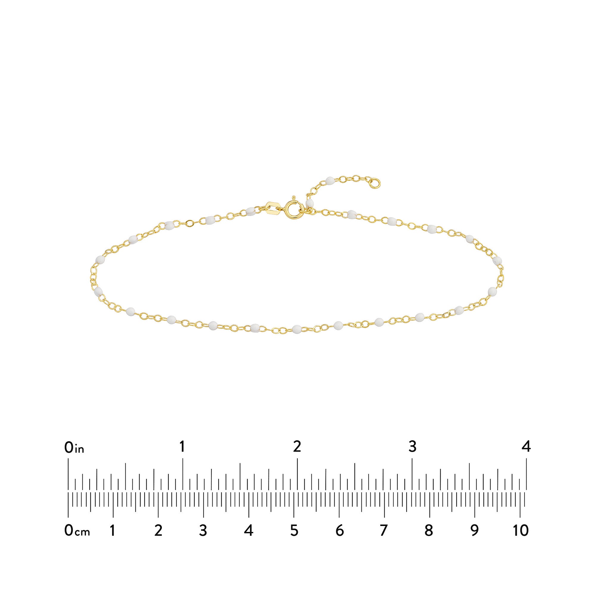 14K Yellow Gold Anklet with White Enamel Beads, Chain Style, 10 Inches