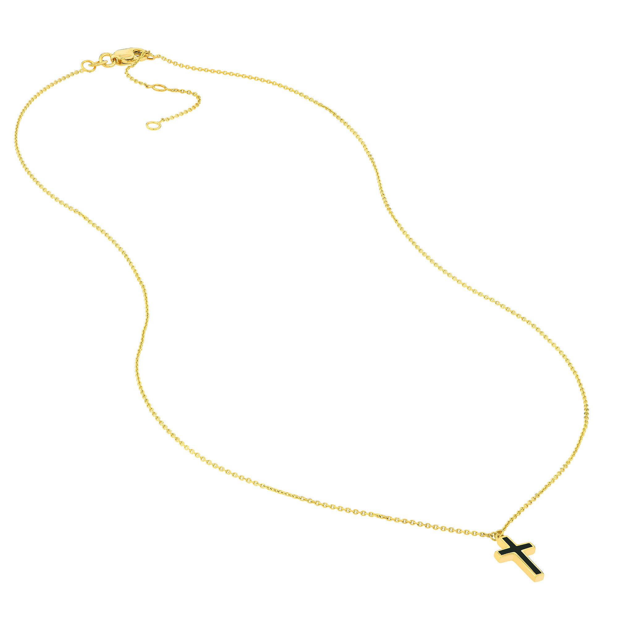 14k Yellow Gold Cross Necklace with Black Enamel, Adjustable Chain, 18 Inches