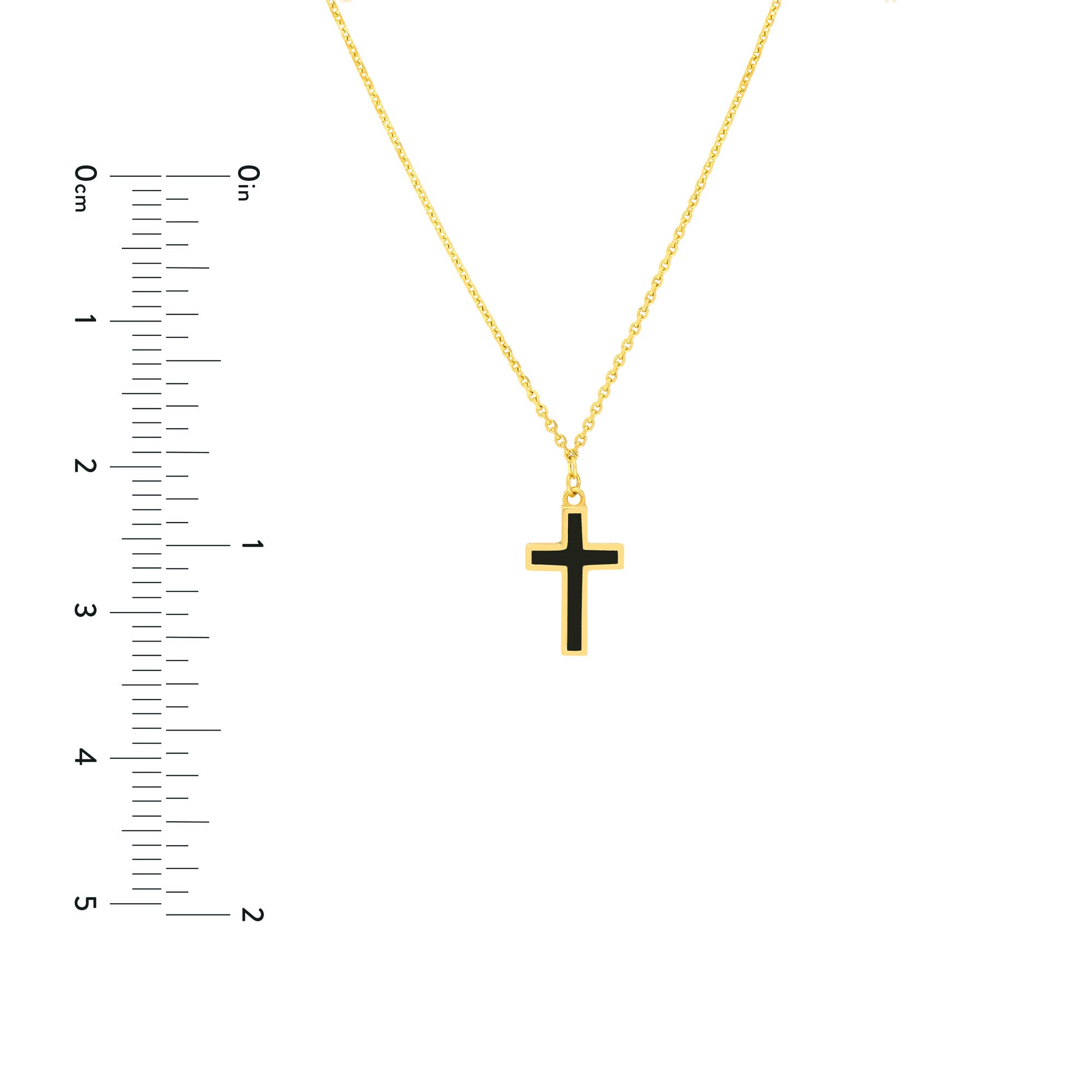 14k Yellow Gold Cross Necklace with Black Enamel, Adjustable Chain, 18 Inches