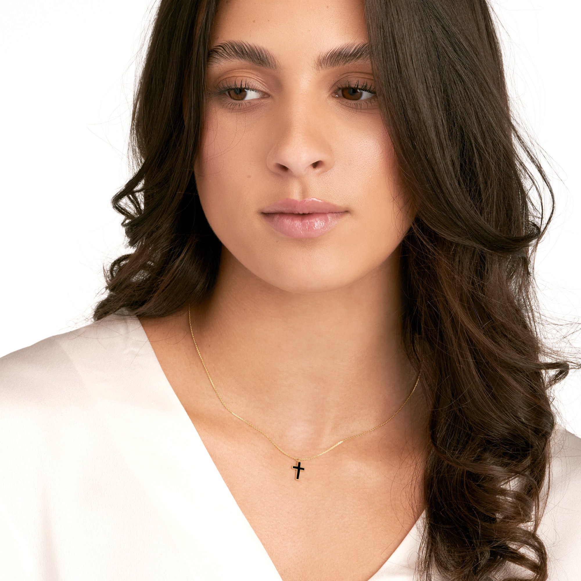 14k Yellow Gold Cross Necklace with Black Enamel, Adjustable Chain, 18 Inches